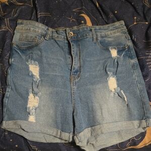 Trendy Blue Distressed Jean Shorts